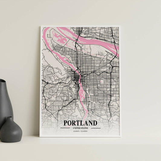 Affiche Carte Ville Minimaliste Portland USA Napolitain – Poster Urbain Moderne Rose & Noir | Décoration Murale Papier Mat