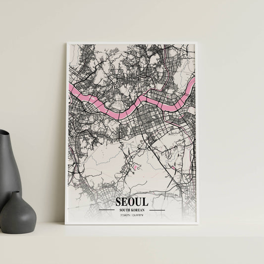 Affiche Carte Ville Minimaliste Séoul South Korean Napolitain – Poster Urbain Moderne Rose & Noir | Décoration Murale Papier Mat