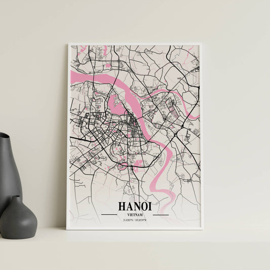 Affiche Carte Ville Minimaliste Hanoi Vietnam Napolitain – Poster Urbain Moderne Rose & Noir | Décoration Murale Papier Mat