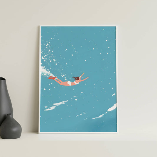 Affiche Nageuse Minimaliste dans l’Océan – Art Estival Contemporain | Poster sur Papier Mat