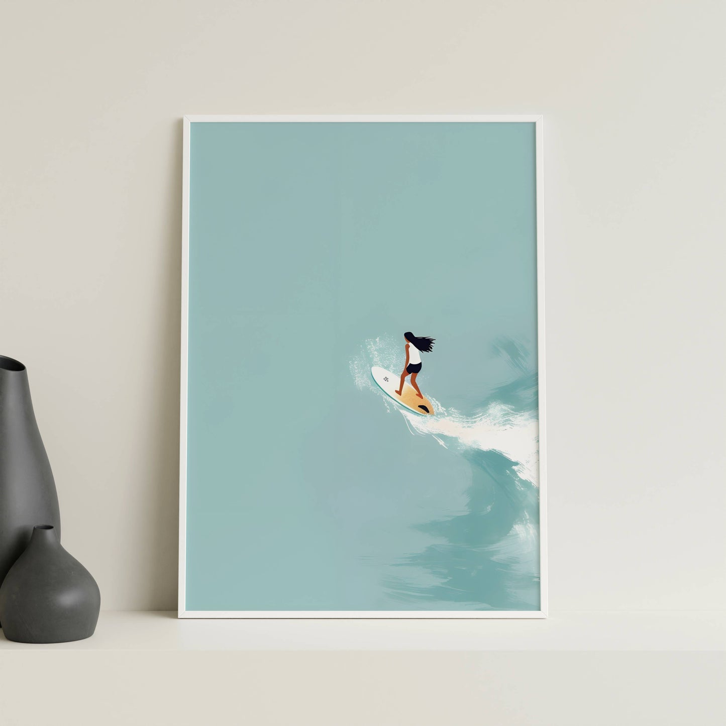 Affiche Surfeuse Minimaliste – Vague Océanique et Esprit Surf | Poster sur Papier Mat