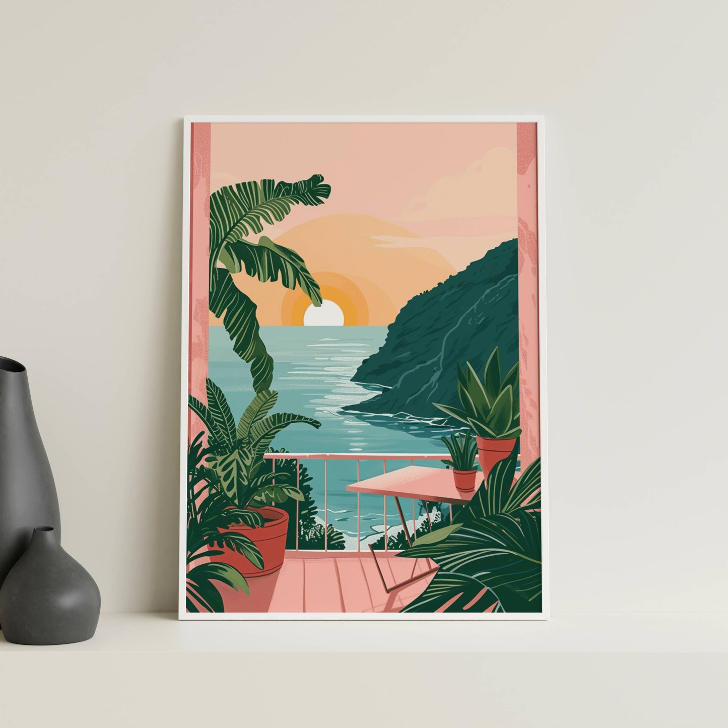 Affiche Terrasse Tropicale au Coucher du Soleil – Vue sur l’Océan et Évasion Paradisiaque | Poster sur Papier Mat