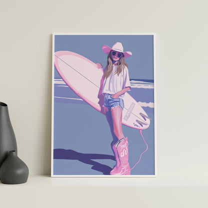 Affiche Surfeuse Vintage sur la Plage – Esprit Surf Bohème et Évasion Côtière | Poster Art Mural