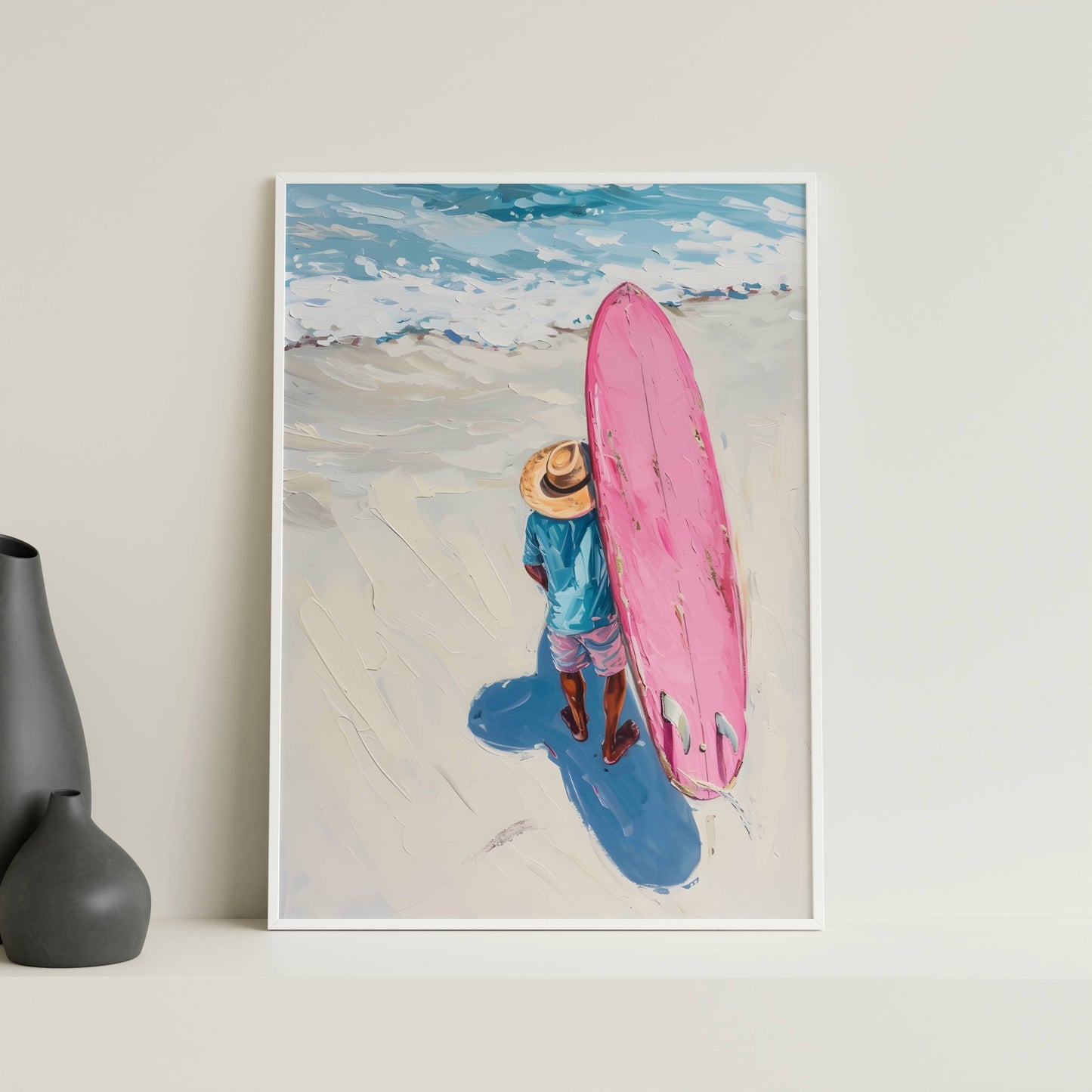Affiche Trendy Surfeur et Planche Rose – Esprit Plage et Évasion Estivale | Poster sur Papier Mat