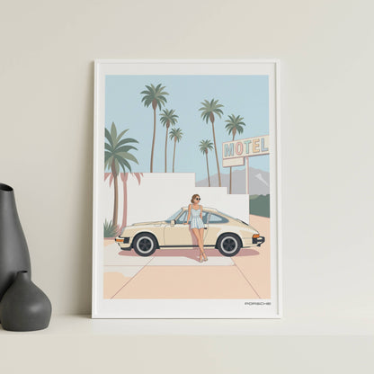 Affiche Porsche Vintage devant Motel Rétro – Californian Dream & Lifestyle Estival | Poster Automobile Chic