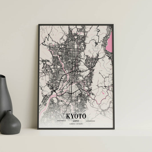 Affiche Carte Ville Minimaliste Kyoto Japan Napolitain – Poster Urbain Moderne Rose & Noir | Décoration Murale Papier Mat