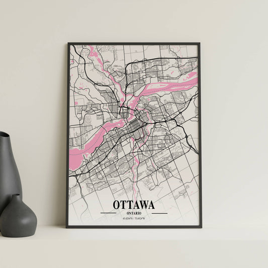 Affiche Carte Ville Minimaliste Ottawa Ontario Napolitain – Poster Urbain Moderne Rose & Noir | Décoration Murale Papier Mat