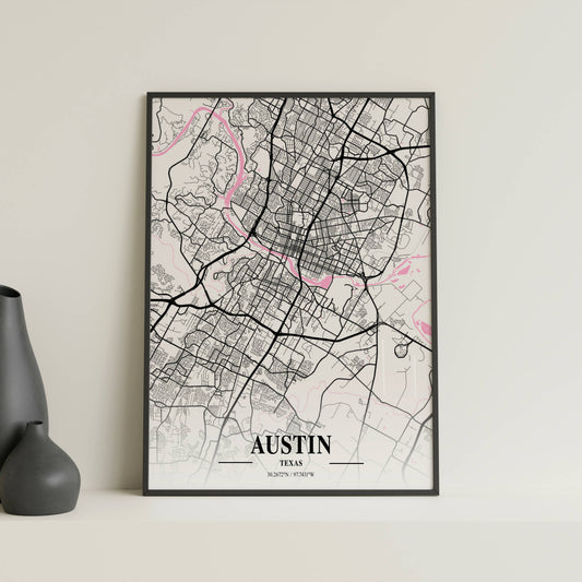 Affiche Carte Ville Minimaliste Austin Texas Napolitain – Poster Urbain Moderne Rose & Noir | Décoration Murale Papier Mat