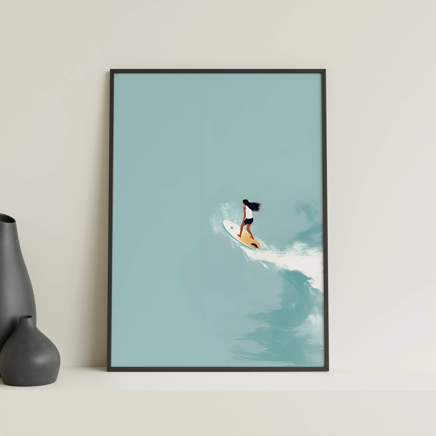 Affiche Surfeuse Minimaliste – Vague Océanique et Esprit Surf | Poster sur Papier Mat
