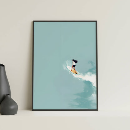 Affiche Surfeuse Minimaliste – Vague Océanique et Esprit Surf | Poster sur Papier Mat