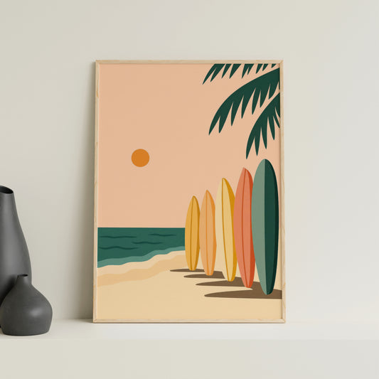 Surfboard Beach Poster, Vintage Coastal Wall Art, Retro Surf Print, Tropical Summer Decor, Ocean Lifestyle Artwork