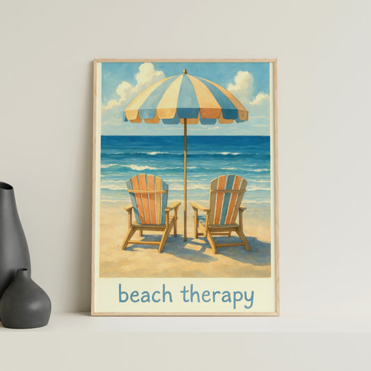 Beach Therapy Poster, Coastal Wall Art, Vintage Beach Print, Ocean View Artwork, Summer Seaside Decor, Relaxing Coastal Poster