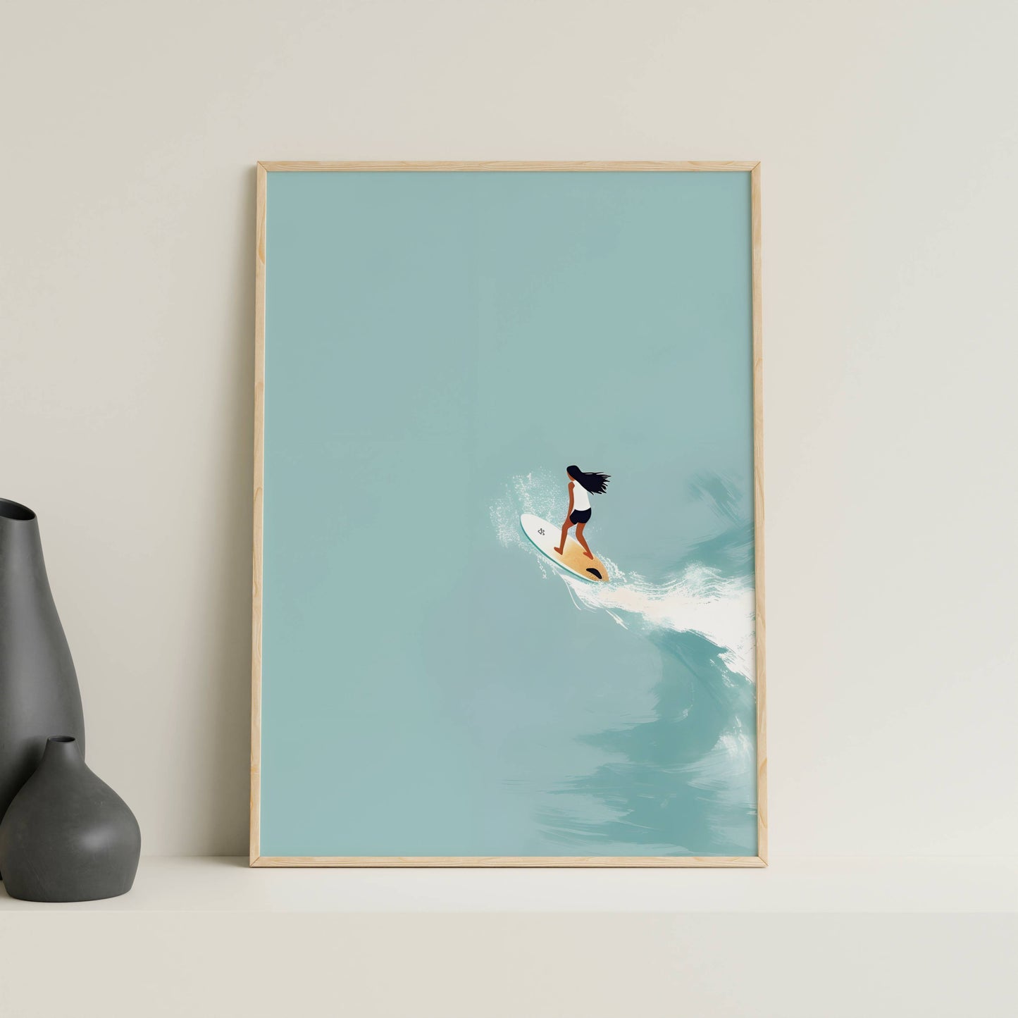 Affiche Surfeuse Minimaliste – Vague Océanique et Esprit Surf | Poster sur Papier Mat