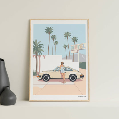 Affiche Porsche Vintage devant Motel Rétro – Californian Dream & Lifestyle Estival | Poster Automobile Chic