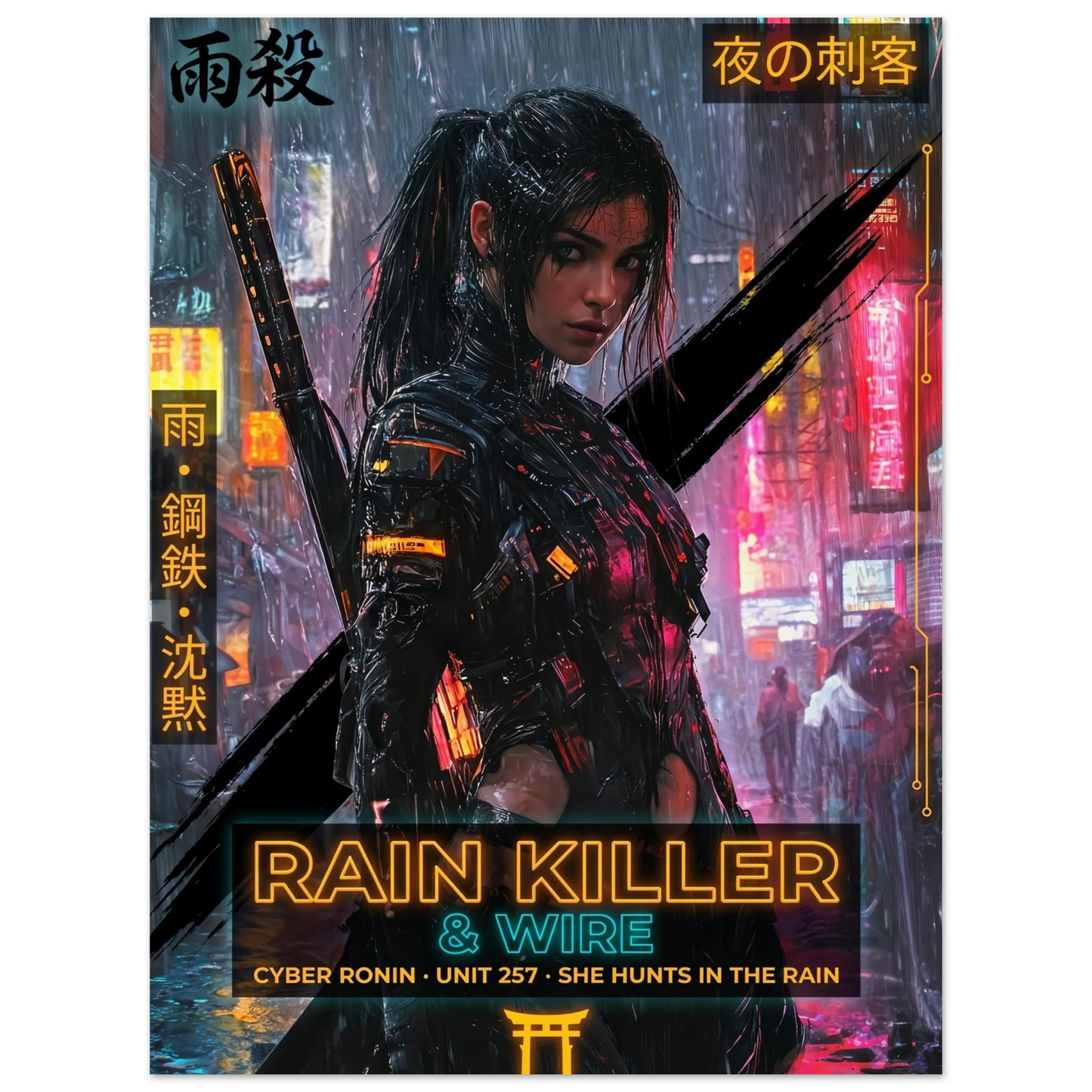 ☣️🧬 Série limitée Art Cyberpunk - Poster Cybergirl Rain Killer - Aura Studio Déco
