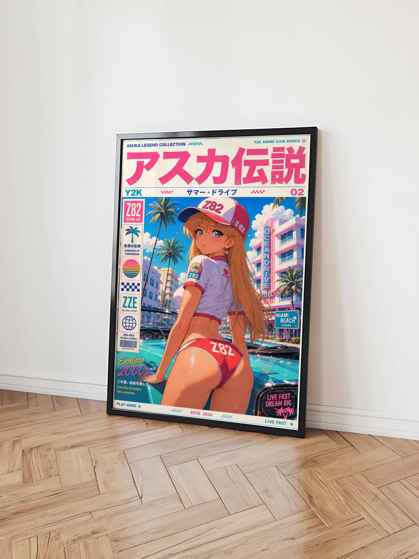 Y2K Summer Drive Poster | Retro Anime Beach Art Print | Miami Ocean Breeze Wall Decor | Vaporwave Pop Culture Poster