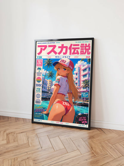 Y2K Summer Drive Poster | Retro Anime Beach Art Print | Miami Ocean Breeze Wall Decor | Vaporwave Pop Culture Poster