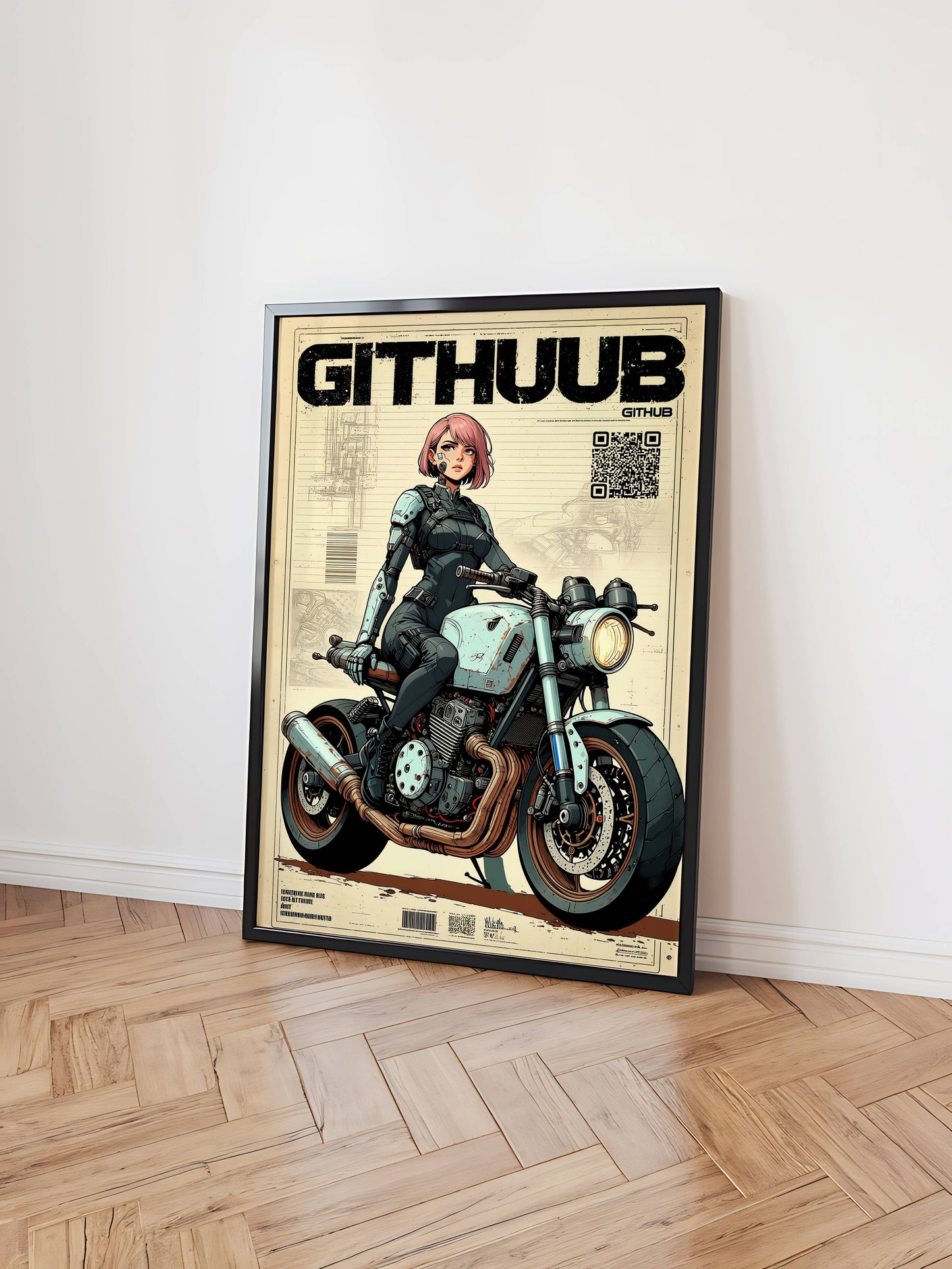 Affiche cyberpunk motarde #2 – illustration néon futuriste
