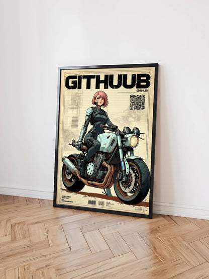 Affiche cyberpunk motarde #2 – illustration néon futuriste