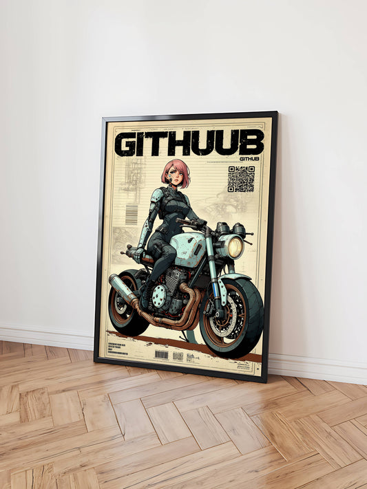 Affiche cyberpunk motarde #2 – illustration néon futuriste