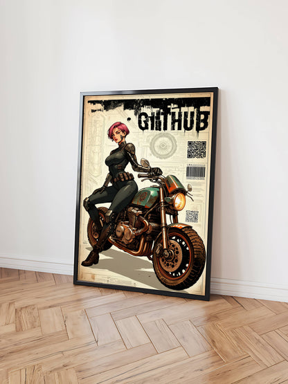 Affiche cyberpunk motarde #3 – poster sci-fi féminin