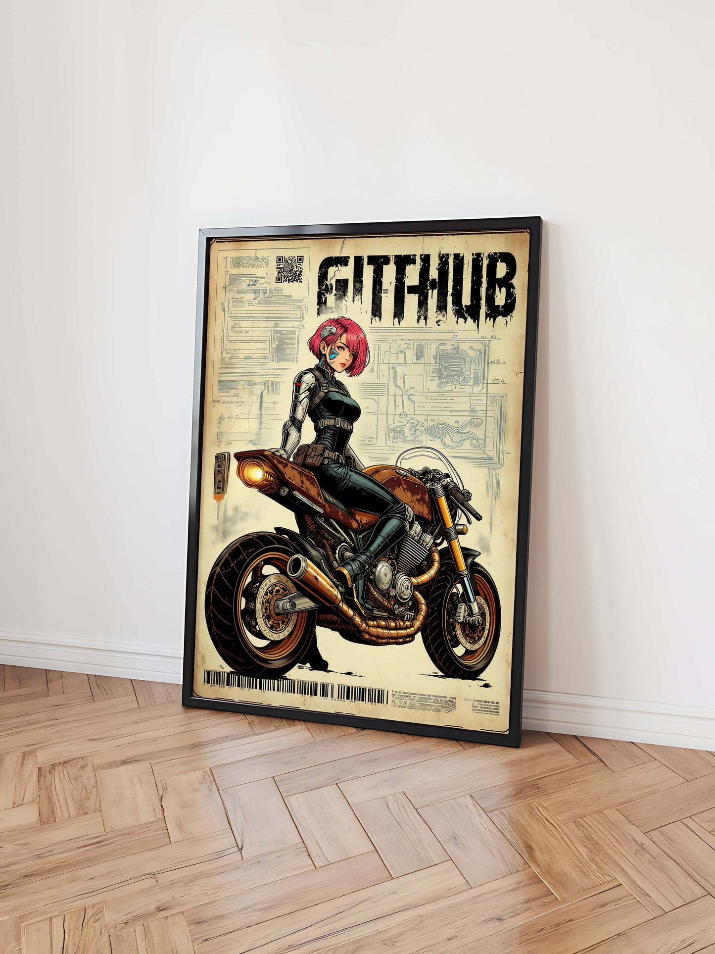 Affiche cyberpunk motarde #5 – illustration futuriste moto