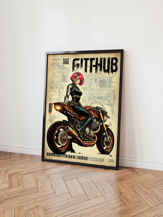 Affiche cyberpunk motarde #5 – illustration futuriste moto