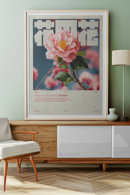Camélia Rose Vintage – Affiche murale japonaise élégante