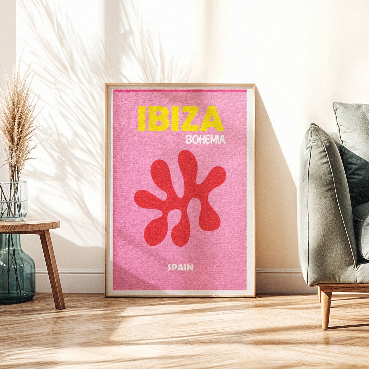 Ibiza Bohemia Poster Pink Wall Art, Ibiza Print, Boho Summer Decor, Framed or Unframed Coastal Artwork