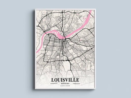 Affiche Carte Ville Minimaliste Louisville Kentucky Napolitain – Poster Urbain Moderne Rose & Noir | Décoration Murale Papier Mat