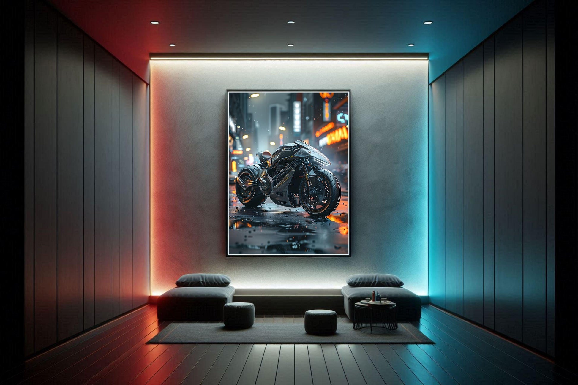 🏍️🏁🔧 Moto Cyberpunk Série futuriste #️⃣13  - (Affiche encadrée métal) - Aura Studio Déco