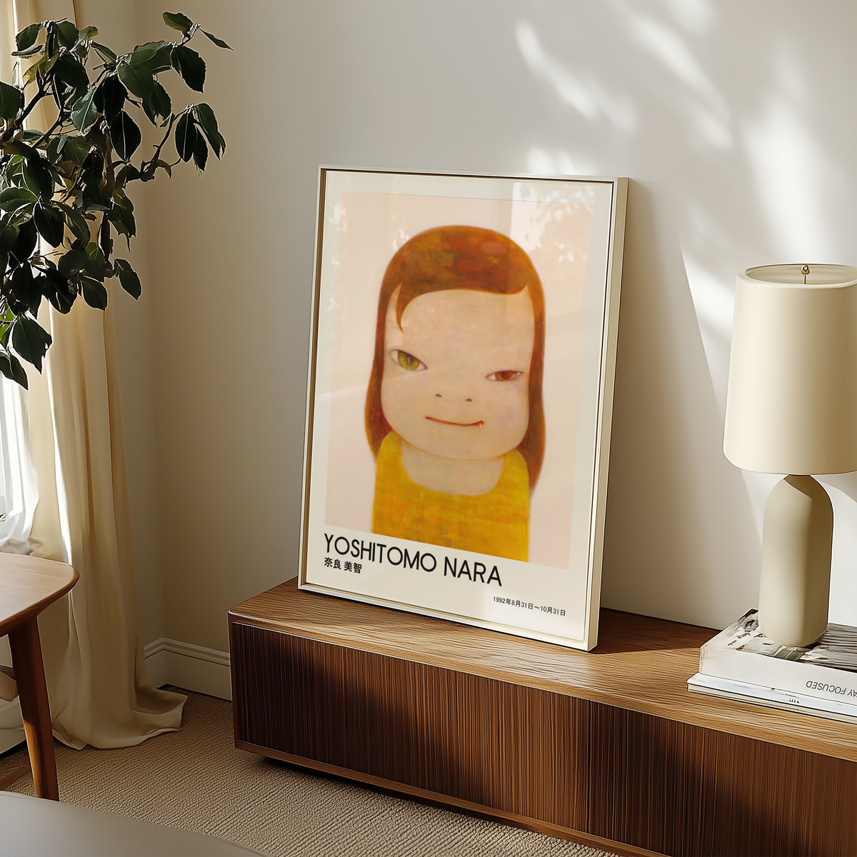 Yoshitomo Nara Girl Portrait Poster, Red Brown Hair Yellow Dress, Heterochromia Eyes Japanese Art Print
