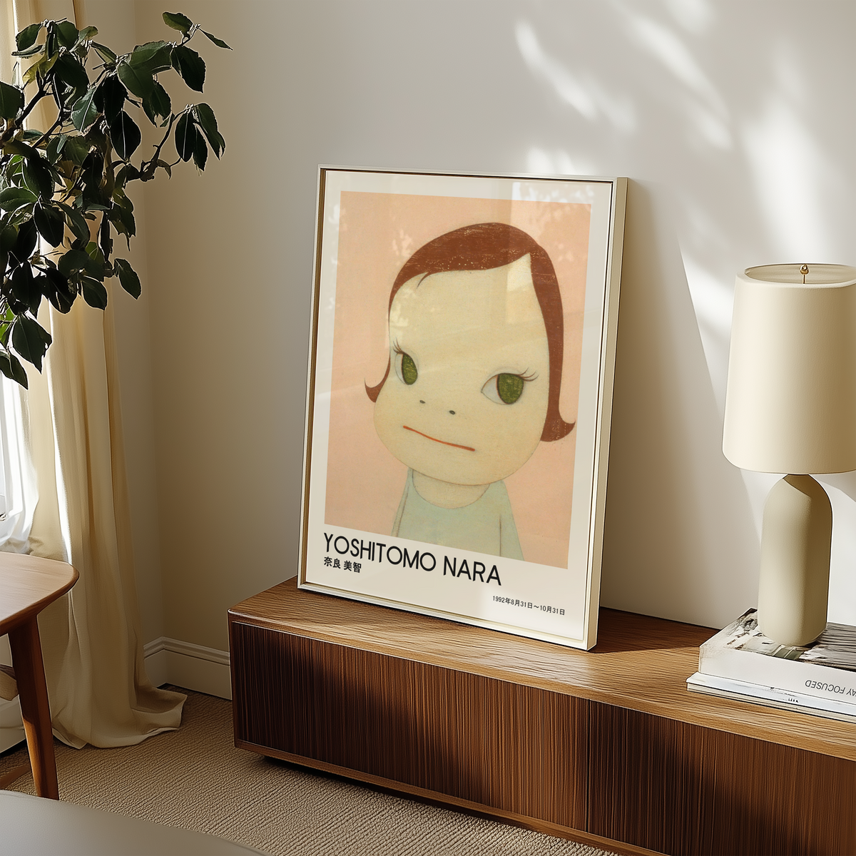 Yoshitomo Nara Girl Portrait Poster, Green Eyes Japanese Art Print, Contemporary Wall Decor, Minimalist Kawaii Artwork