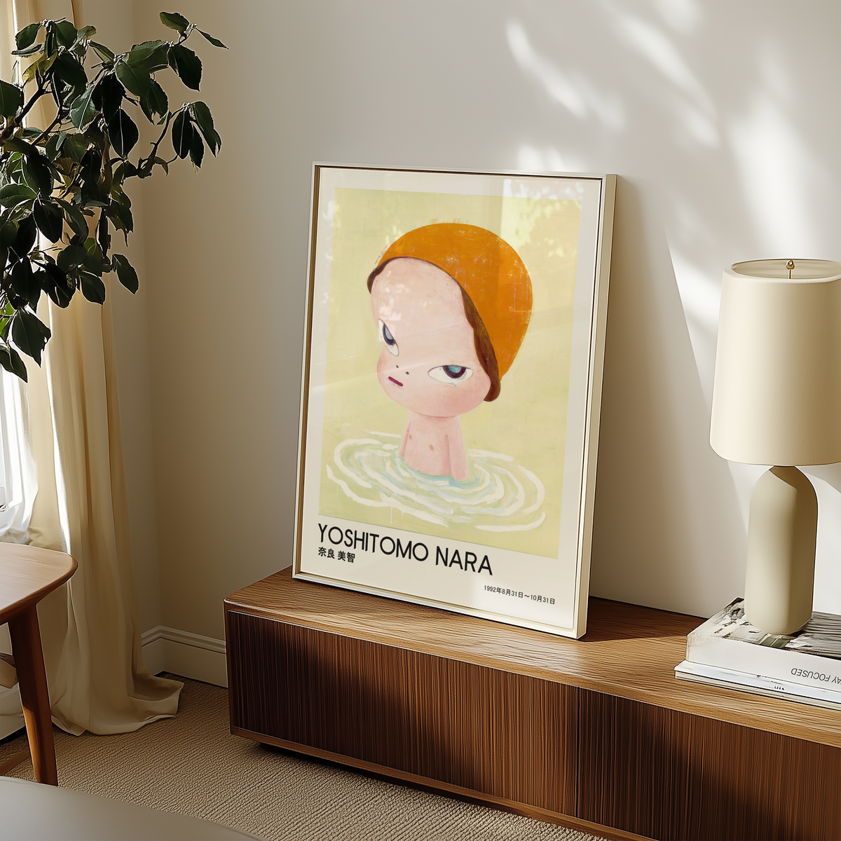Yoshitomo Nara Girl in Water Poster, Orange Hat Japanese Art Print, Contemporary Wall Decor, Minimalist Character Artwork