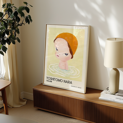 Yoshitomo Nara Girl in Water Poster, Orange Hat Japanese Art Print, Contemporary Wall Decor, Minimalist Character Artwork