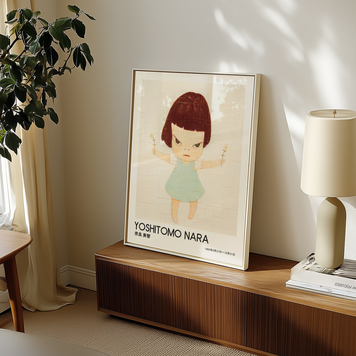 Yoshitomo Nara Girl Holding Flowers Poster, Japanese Contemporary Art Print, Blue Dress Wall Decor, Minimalist Artwork