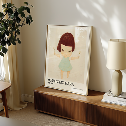 Yoshitomo Nara Girl Holding Flowers Poster, Japanese Contemporary Art Print, Blue Dress Wall Decor, Minimalist Artwork