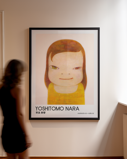 Yoshitomo Nara Girl Portrait Poster, Red Brown Hair Yellow Dress, Heterochromia Eyes Japanese Art Print