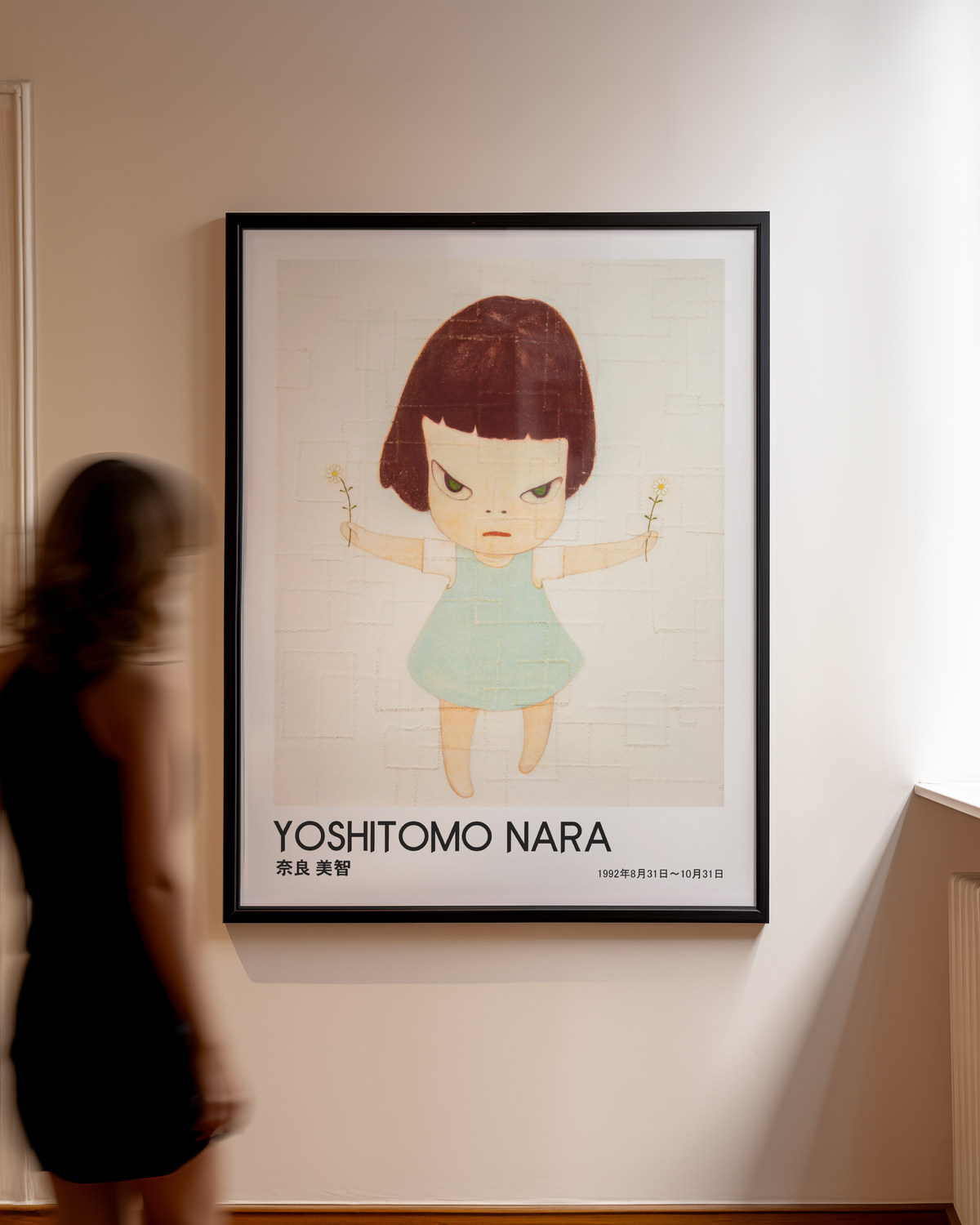 Yoshitomo Nara Girl Holding Flowers Poster, Japanese Contemporary Art Print, Blue Dress Wall Decor, Minimalist Artwork