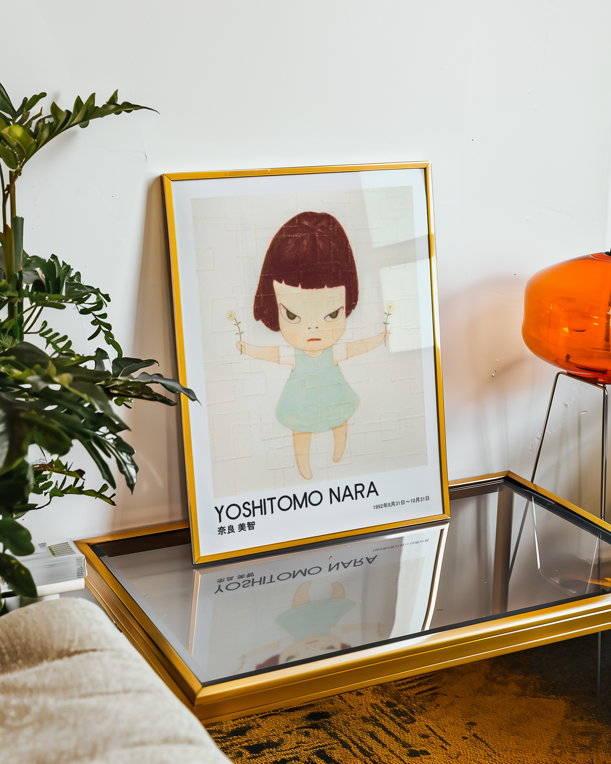 Yoshitomo Nara Girl Holding Flowers Poster, Japanese Contemporary Art Print, Blue Dress Wall Decor, Minimalist Artwork