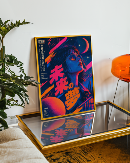 Retro Futuristic Tokyo Poster, Japanese Pop Art Woman with Neon City and Crescent Moon
