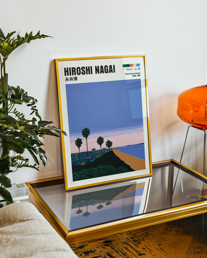 Hiroshi Nagai Pacific Breeze Poster, Japanese Coastal Sunset, Palm Trees and Beach, Retro Summer Wall Art, City Pop Decor