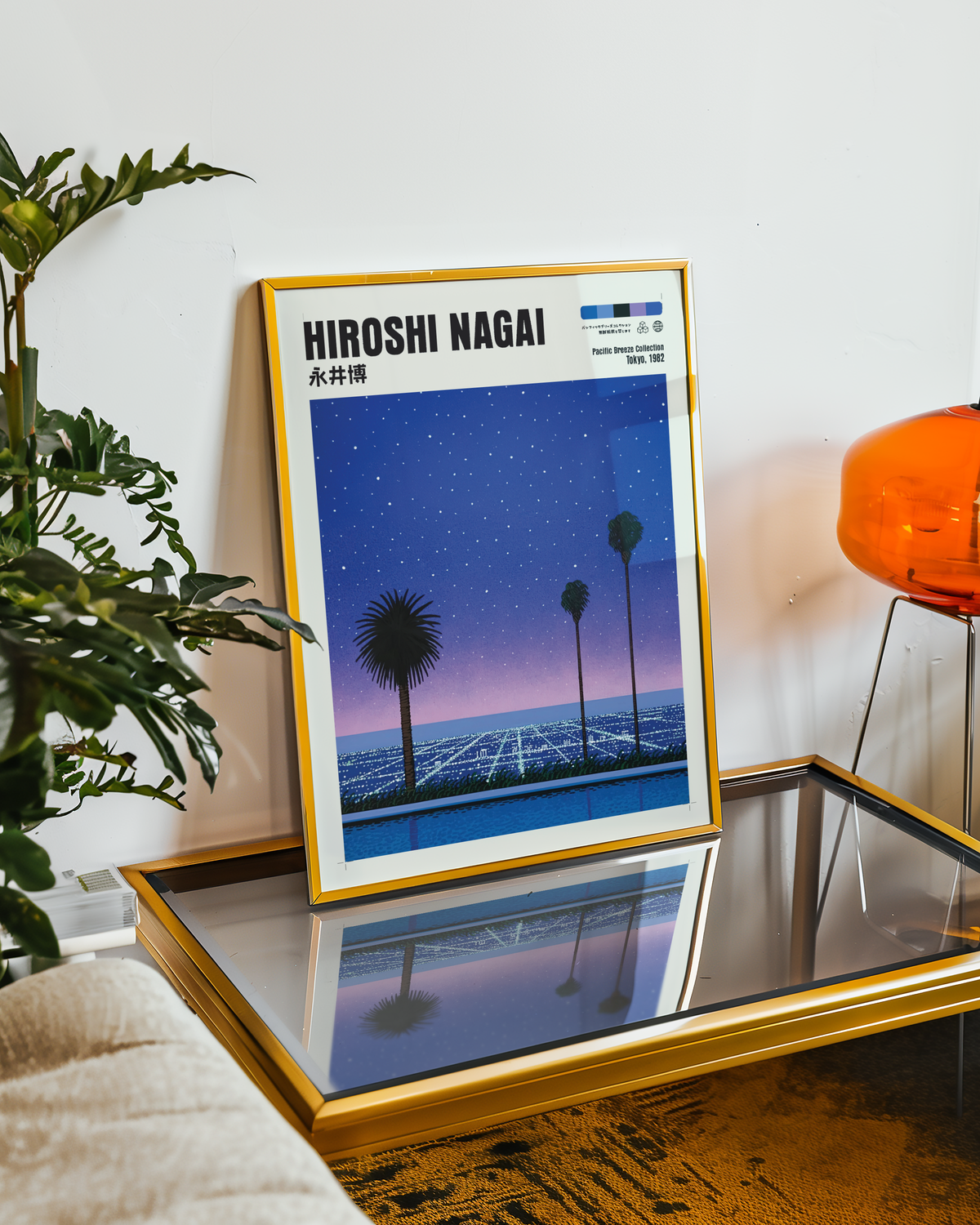 Hiroshi Nagai Pacific Breeze Poster, Starry Ocean Night, Palm Trees and Pool, Japanese Retro Summer Wall Art, City Pop Decor