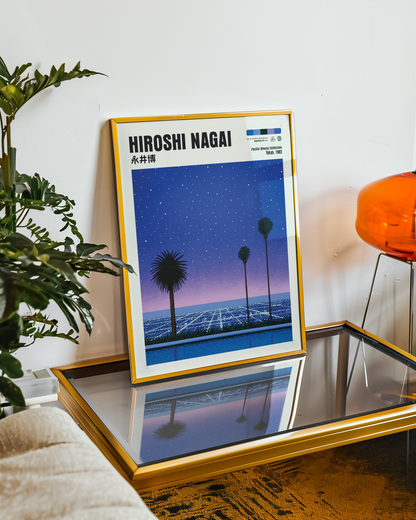 Hiroshi Nagai Pacific Breeze Poster, Starry Ocean Night, Palm Trees and Pool, Japanese Retro Summer Wall Art, City Pop Decor