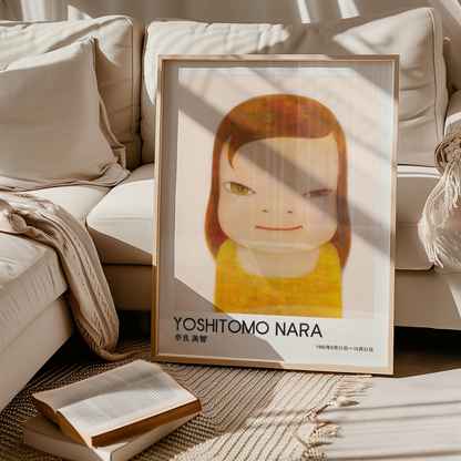 Yoshitomo Nara Girl Portrait Poster, Red Brown Hair Yellow Dress, Heterochromia Eyes Japanese Art Print