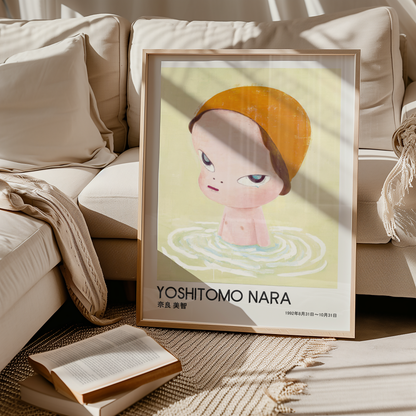 Yoshitomo Nara Girl in Water Poster, Orange Hat Japanese Art Print, Contemporary Wall Decor, Minimalist Character Artwork