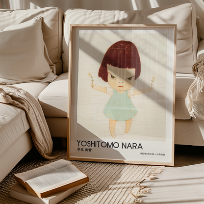 Yoshitomo Nara Girl Holding Flowers Poster, Japanese Contemporary Art Print, Blue Dress Wall Decor, Minimalist Artwork