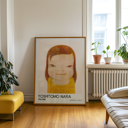 Yoshitomo Nara Girl Portrait Poster, Red Brown Hair Yellow Dress, Heterochromia Eyes Japanese Art Print