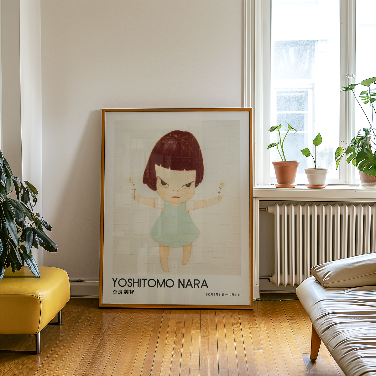 Yoshitomo Nara Girl Holding Flowers Poster, Japanese Contemporary Art Print, Blue Dress Wall Decor, Minimalist Artwork