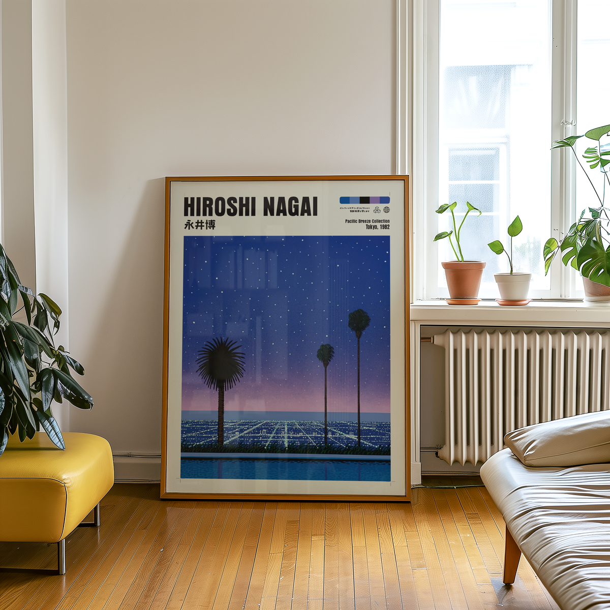 Hiroshi Nagai Pacific Breeze Poster, Starry Ocean Night, Palm Trees and Pool, Japanese Retro Summer Wall Art, City Pop Decor